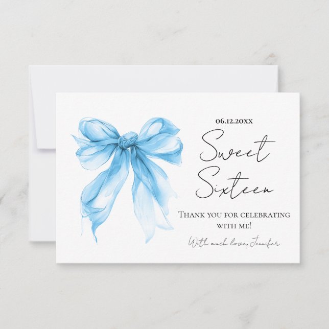 Carte De Remerciements Blue Bow Coquette Script Sweet 16 Thank You  (Devant)