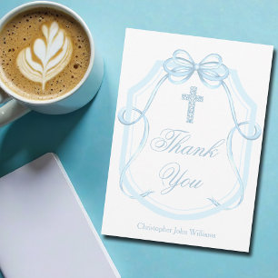 Carte De Remerciements Blue Bow Ribbon Christian Cross Personnalisé