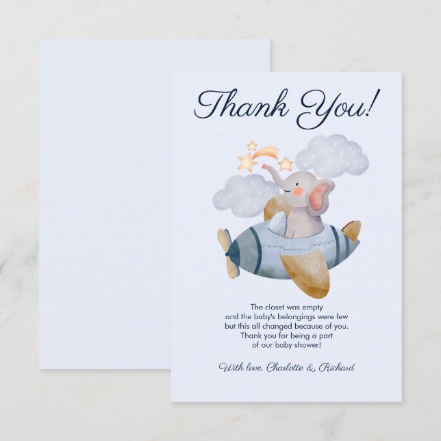Carte De Remerciements Blue Boy's Elephant Plane Baby shower (Devant / Derrière)