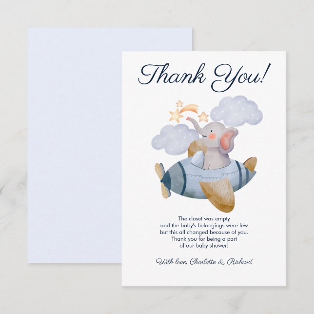 Carte De Remerciements Blue Boy's Elephant Plane Baby shower (Devant / Derrière)