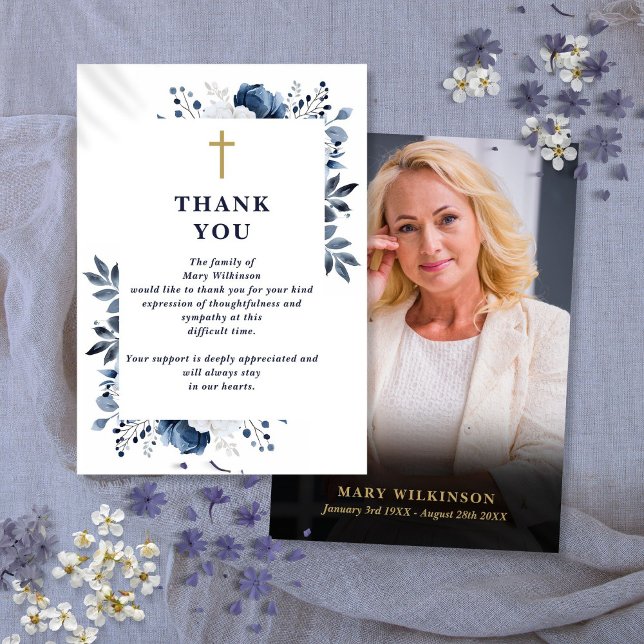 Carte De Remerciements Blue Christian Célébration De La Vie Funéraire Pho (Blue Christian Celebration Of Life Funeral Photo Thank You Card)