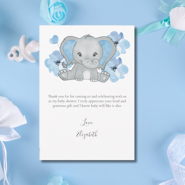 Carte De Remerciements Blue Elephant Balloon Flower Baby shower bébé garç (Blue Elephant Baby Shower Thank you Note cards for Boy Baby Shower)