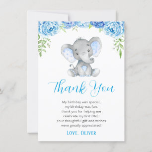 Carte De Remerciements Blue Elephant Boy 1er Anniversaire Little Peanut