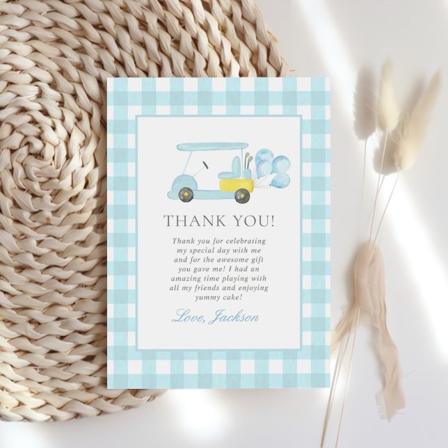 Carte De Remerciements Blue En vichy Golf Boy 1er anniversaire (Créateur téléchargé)