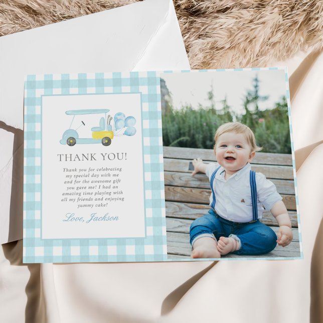 Carte De Remerciements Blue En vichy Golf Boy 1er anniversaire Photo (Créateur téléchargé)