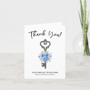 Carte De Remerciements Blue Floral Aquarelle Clé Agent immobilier