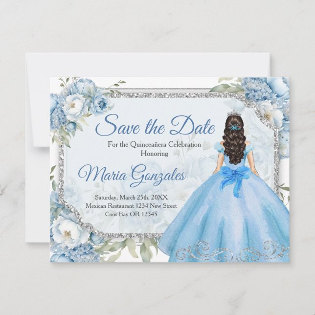 Carte De Remerciements Blue Floral Argent Couronne Quinceañera Enregistre (Devant)