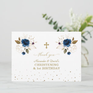 Carte De Remerciements Blue Floral Boys Twins 1er anniversaire Christenin