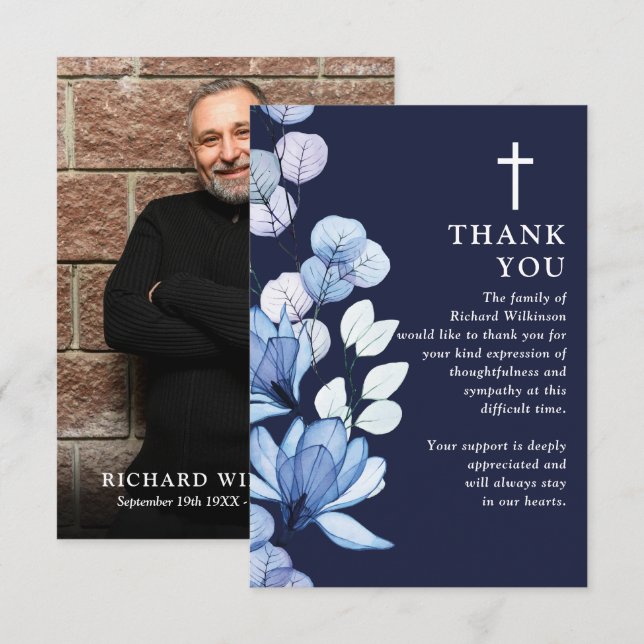Carte De Remerciements Blue Floral Christian Célébration De La Vie Photo (Devant / Derrière)