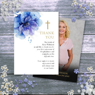 Carte De Remerciements Blue Floral Christian Memorial Funérailles