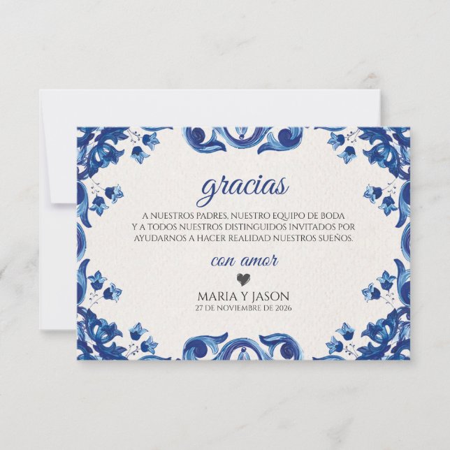 Carte De Remerciements Blue Floral Elegant Fiesta Spanish Wedding (Devant)