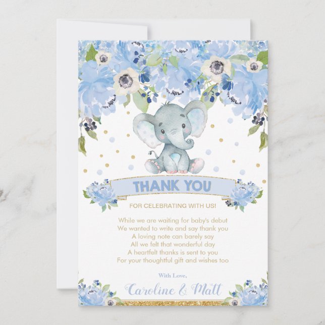 Carte De Remerciements Blue Floral Elephant Baby shower garçon (Devant)
