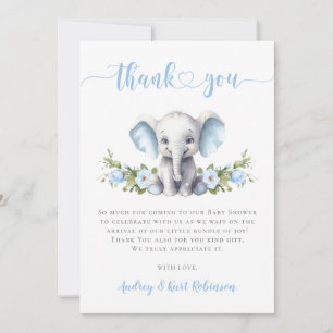 Carte De Remerciements Blue Floral Elephant Petite cacahuète Baby Boy Dou