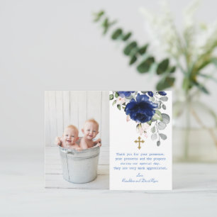 Carte De Remerciements Blue Floral Photo Twins Gold Cross Baptême