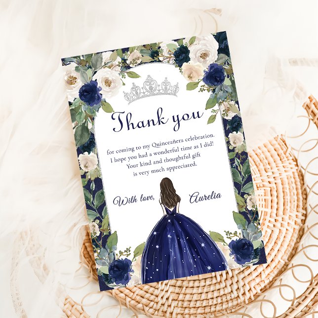 Carte De Remerciements Blue Floral Princess Quinceanera Anniversaire (Créateur téléchargé)