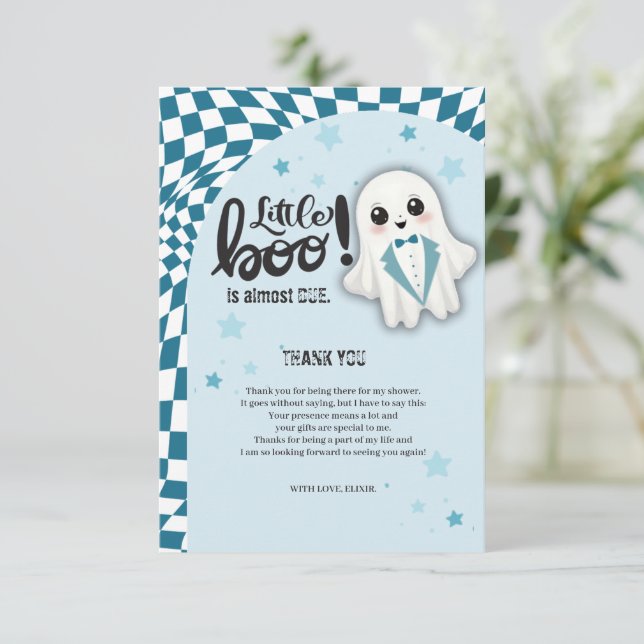 Carte De Remerciements Blue Ghost Little Boo est presque dû Baby shower (Debout devant)