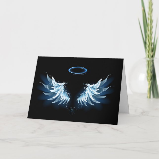 Carte De Remerciements Blue Glowing Angel Wings on black background (Devant)
