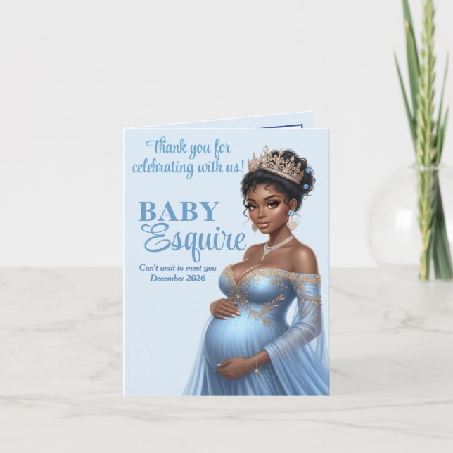 Carte De Remerciements Blue & Gold Royal Baby shower African American Mom (Devant)