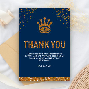 Carte De Remerciements Blue Gold Royal Prince Couronne fête d'anniversair