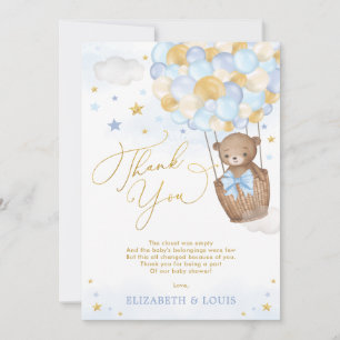 Carte De Remerciements Blue Gold Teddy Bear Hot Air Balloon Baby Boy