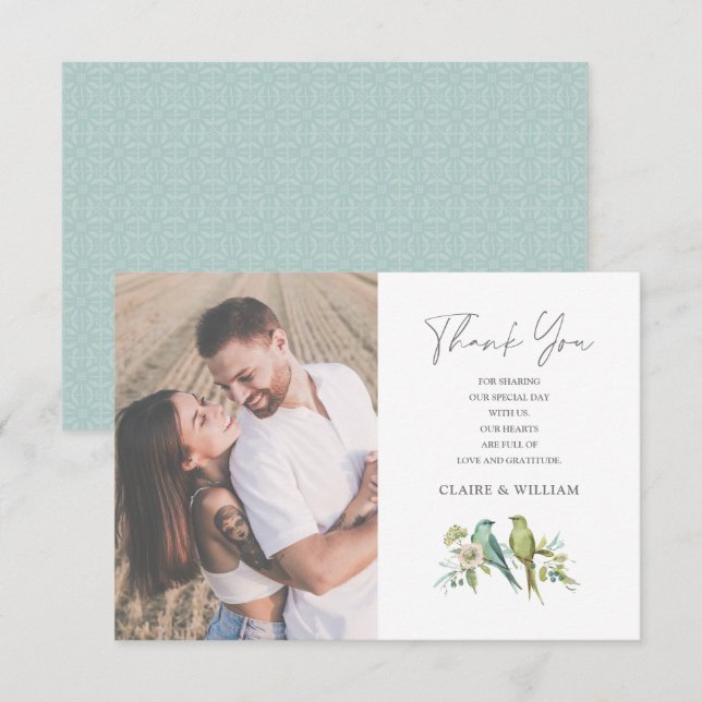 Carte De Remerciements Blue Green Birds Floral Aquarelle Mariage (Devant / Derrière)