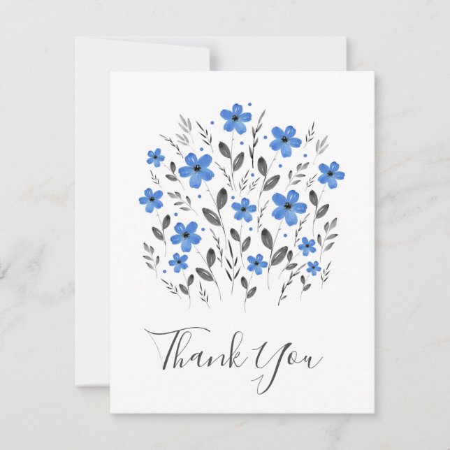 Carte De Remerciements Blue Grey Cinq Pétales Aquarelle Motif Floral (Devant)