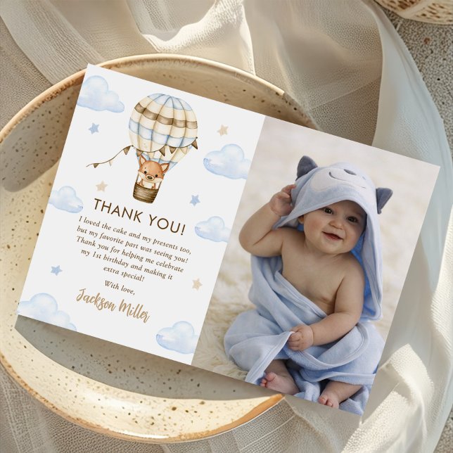 Carte De Remerciements Blue Hot Air Balloon Boy 1er Birthday Photo (Créateur téléchargé)