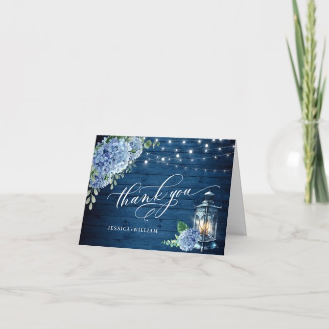 Carte De Remerciements Blue Hydrangea Floral Lanal Marine Mariage en bois (Devant)