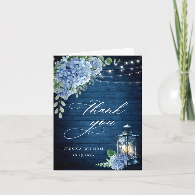 Carte De Remerciements Blue Hydrangea Floral Lanal Marine Mariage en bois (Devant)
