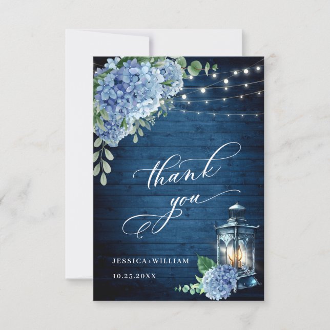 Carte De Remerciements Blue Hydrangea Floral Lanal Marine Mariage en bois (Devant)