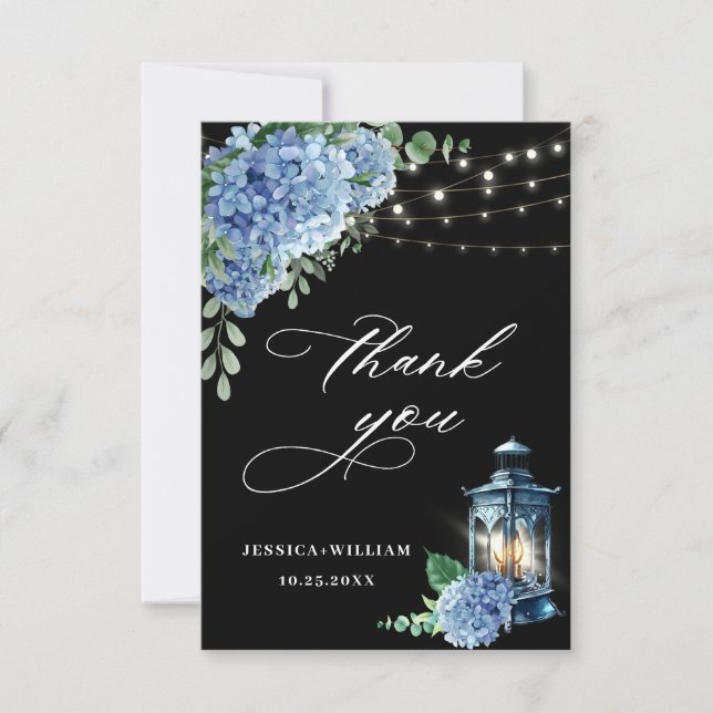 Carte De Remerciements Blue Hydrangea Floral Lanterne noir Boho Mariage (Devant)
