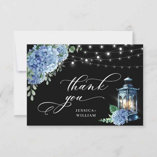 Carte De Remerciements Blue Hydrangea Floral Lanterne noir Boho Mariage (Devant)