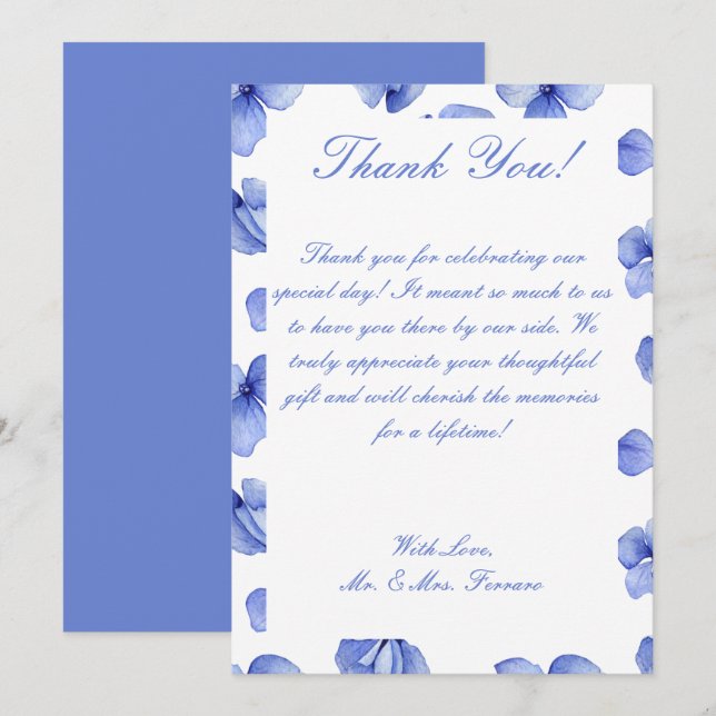Carte De Remerciements Blue Hydrangea Floral Mariage (Devant / Derrière)