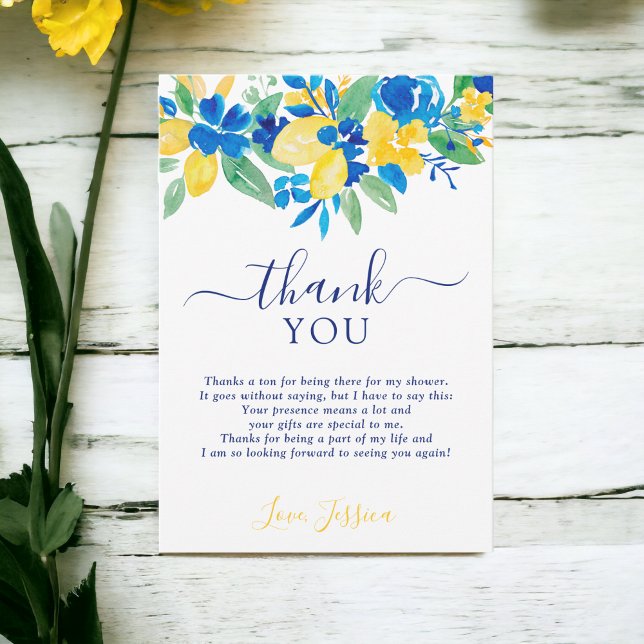 Carte De Remerciements Blue jaunes citrons floral aquarelle Baby Shower (Blue yellow lemons floral watercolor bridal shower thank you card)