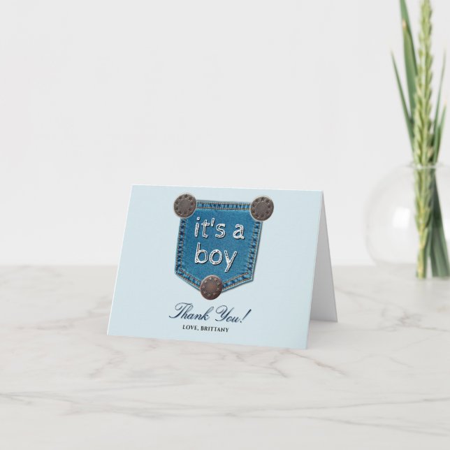 Carte De Remerciements Blue Jean Denim C'est un Baby shower garçon (Devant)