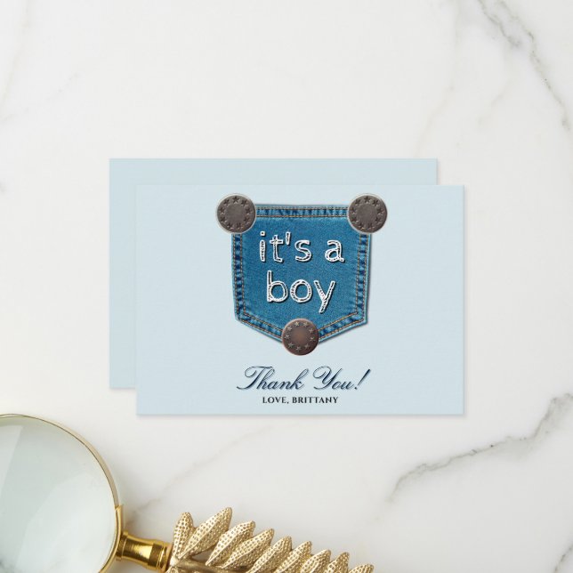 Carte De Remerciements Blue Jeans C'est un Baby shower garçon (Devant/Arrière en situation)