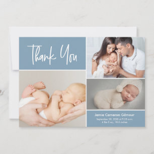 Carte De Remerciements Blue Modern Handlettering Baby Photo Collage