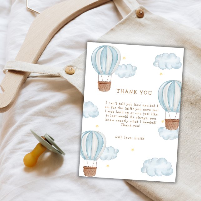 Carte De Remerciements Blue Modern Hot Air Balloon Cloud Boy Baby shower (Blue Modern Hot Air Balloon Cloud Boy Baby Shower Thank You Card)