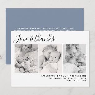 Carte De Remerciements Blue Modern Trois Photos Nouveau bébé