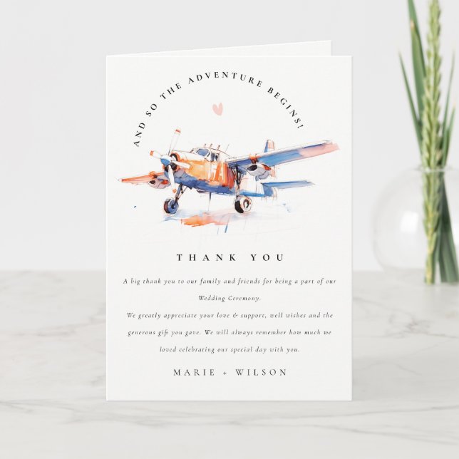 Carte De Remerciements Blue Orange Blush Aquarelle Air Plane Mariage (Devant)