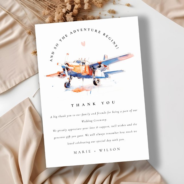 Carte De Remerciements Blue Orange Blush Aquarelle Air Plane Mariage (Créateur téléchargé)