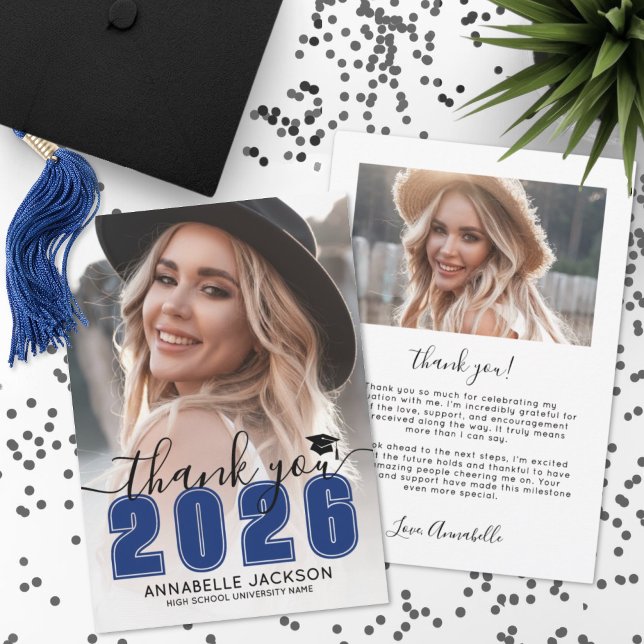 Carte De Remerciements Blue Photo Graduation (Blue Photo Graduation Thank You Card)