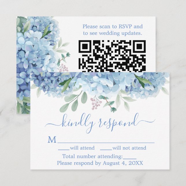 Carte De Remerciements Blue Purple Hydrangeas Floral Wedding RSVP QR Code (Devant / Derrière)