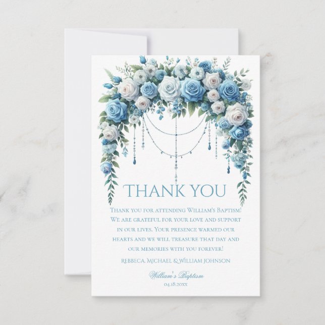 Carte De Remerciements Blue Rose & Silver Cross Baptism Thank You Card (Devant)