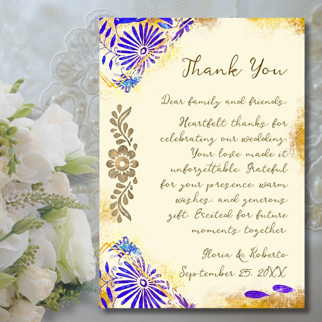 Carte De Remerciements Blue Talavera Gold Baroque Wedding (A timeless thank you card blending rustic gold textures and blue Mexican floral artistry.)
