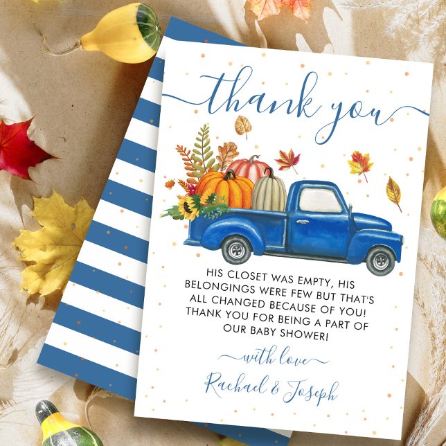 Carte De Remerciements Blue Truck Automne Citrouille Automne Baby shower  (Créateur téléchargé)