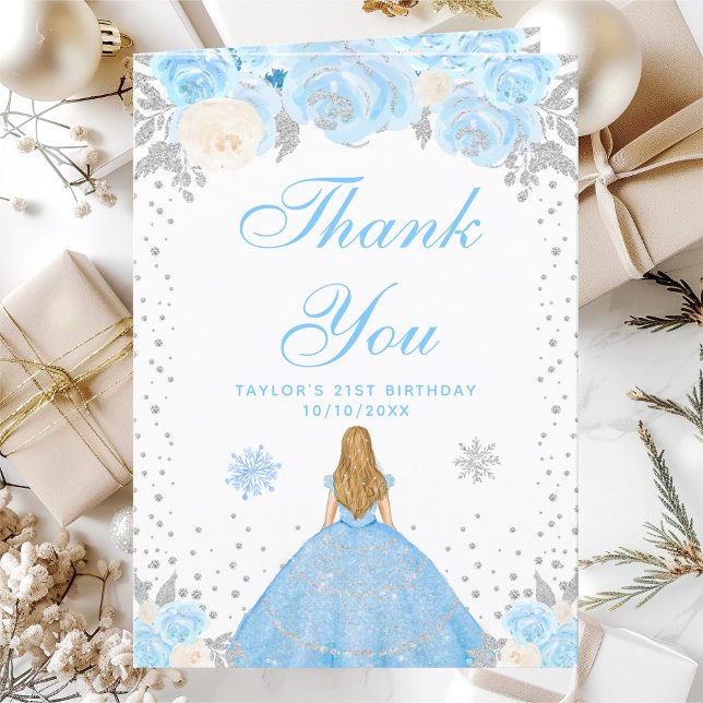 Carte De Remerciements Blue Winter Blonde Hair Princess Anniversaire (Créateur téléchargé)