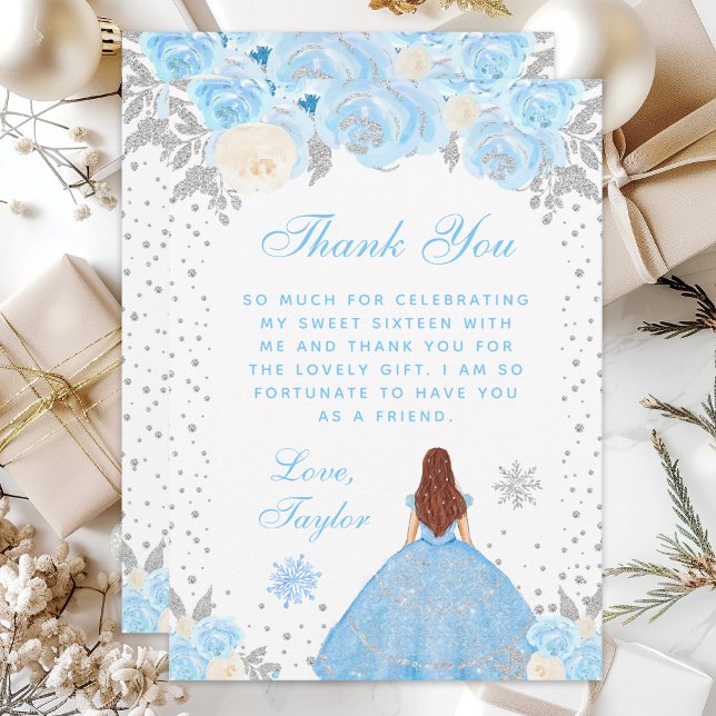 Carte De Remerciements Blue Winter Brown cheveux Princesse Sweet sixteen (Créateur téléchargé)