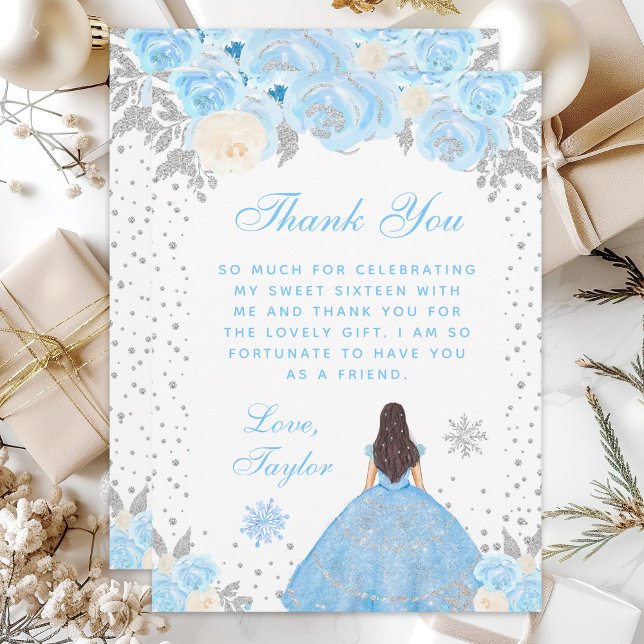 Carte De Remerciements Blue Winter Brunette Hair Princesse Sweet sixteen (Créateur téléchargé)