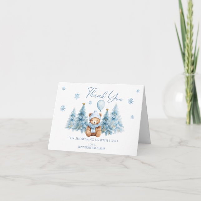 Carte De Remerciements Blue Winter Teddy Bear Snowflakes Baby Boy Douche (Devant)
